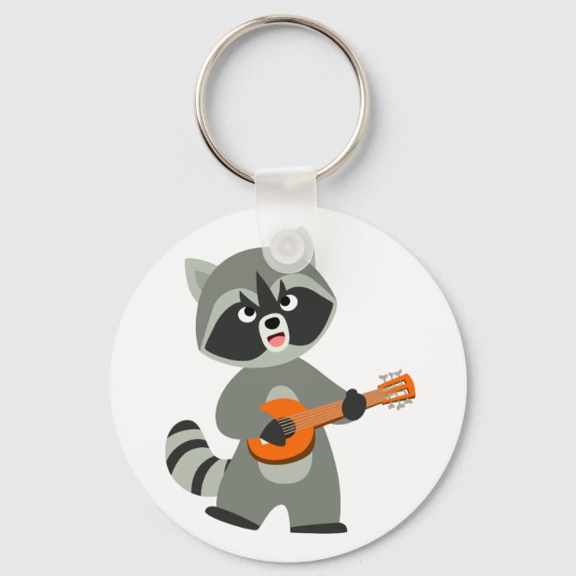 Cute Cartoon Racoon Playing Banjo Key Ring (Front)