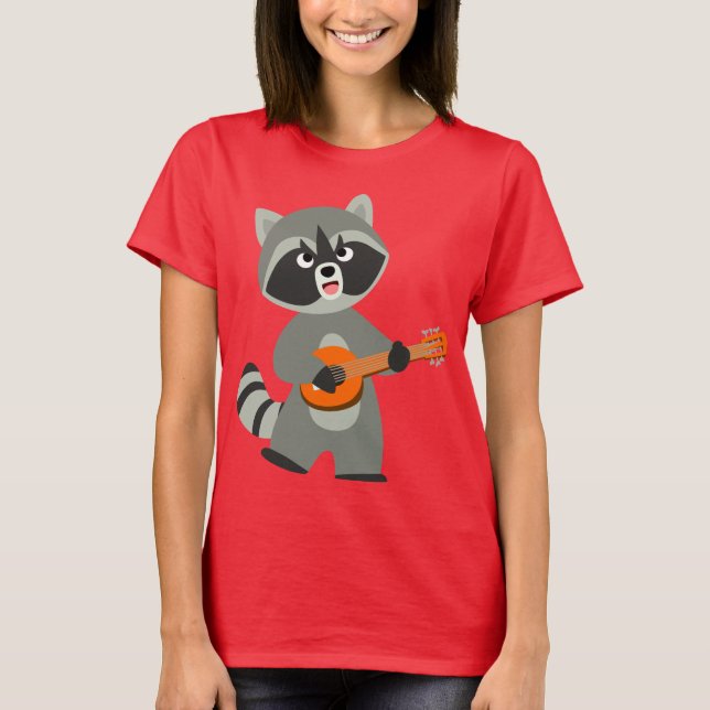 Cute Cartoon Racoon Playing Banjo Women T-Shirt (Front)