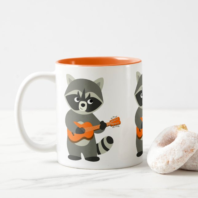 Cute Cartoon Racoon Playing Guitar Two-Tone Coffee Mug (With Donut)