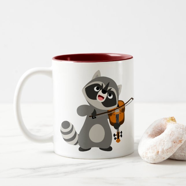 Cute Cartoon Racoon Playing Violin Two-Tone Coffee Mug (With Donut)