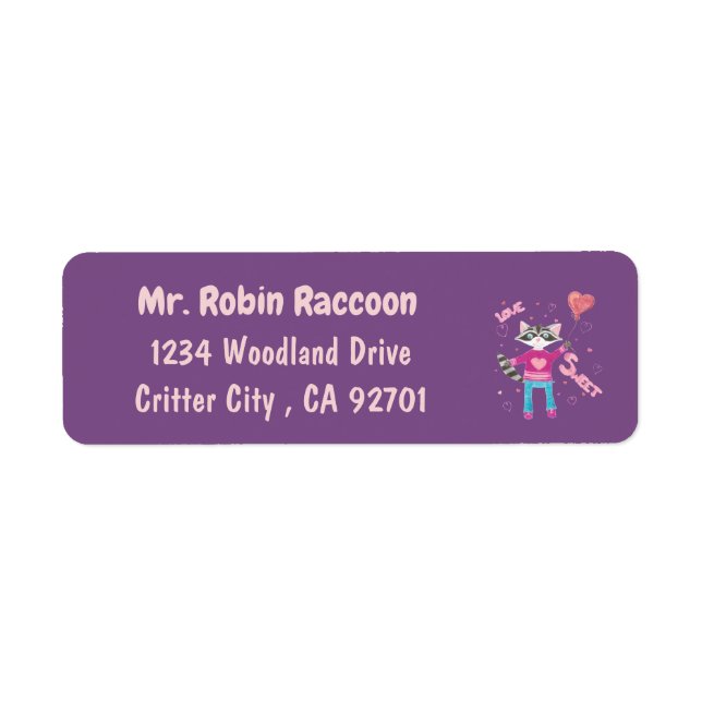 Cute cartoon racoon purple return address labels (Front)