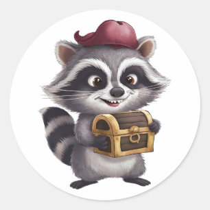 Cute Cartoon Racoon with Pirate's Treasure Chest Classic Round Sticker