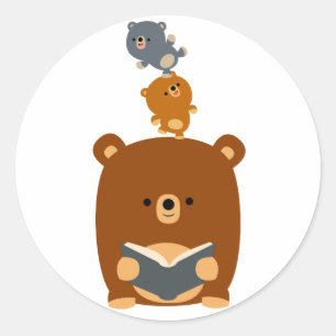 Cute Cartoon Reading Bear and Cubs Sticker
