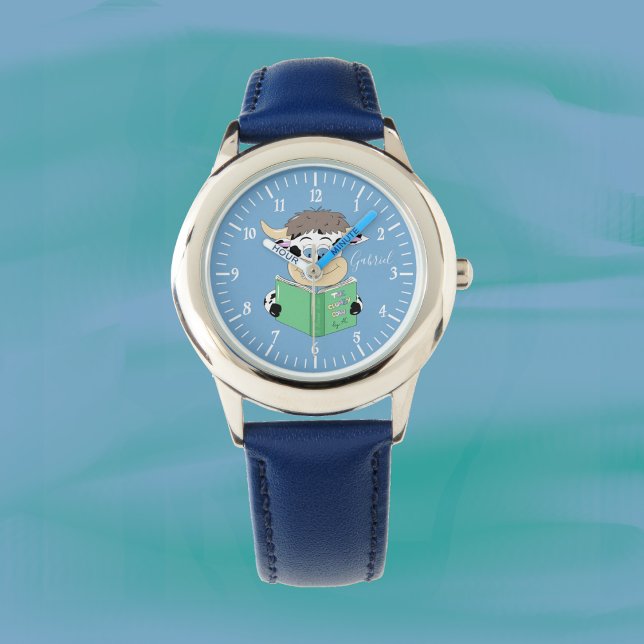 Cute Cartoon Reading Cow Boy Blue Watch (Cartoon reading cow boy blue watch .)