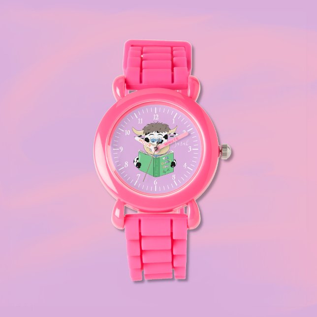 Cute Cartoon Reading Cow Girl Pink Watch (Fun reading cow girl pink watch .)