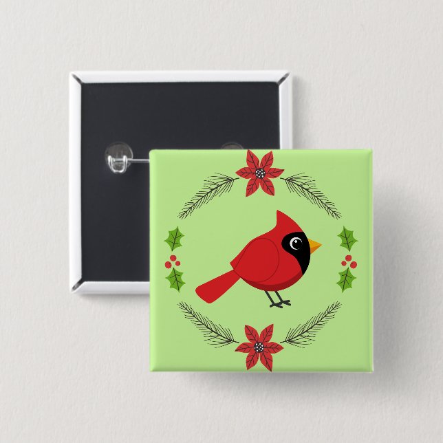 Cute Cartoon Red Cardinal with Flowers 15 Cm Square Badge (Front & Back)