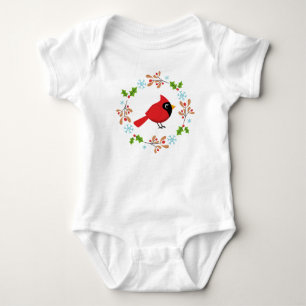 Cute Cartoon Red Cardinal with Flowers Baby Bodysuit