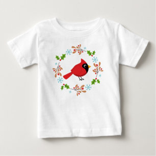 Cute Cartoon Red Cardinal with Flowers Baby T-Shirt