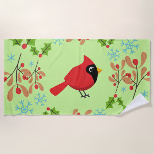 Cute Cartoon Red Cardinal with Flowers Beach Towel