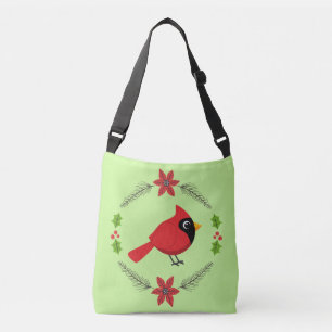 Cute Cartoon Red Cardinal with Flowers Crossbody Bag