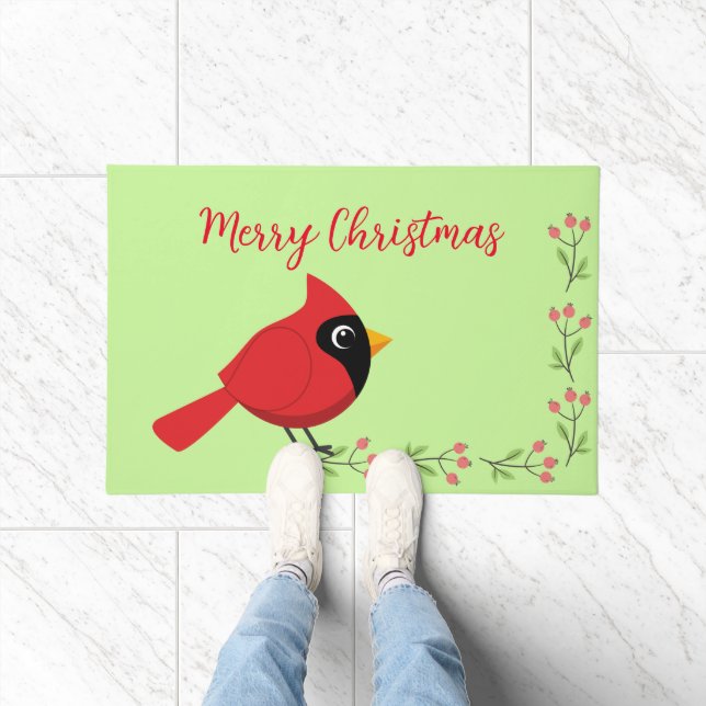 Cute Cartoon Red Cardinal with Flowers Doormat (Indoor)