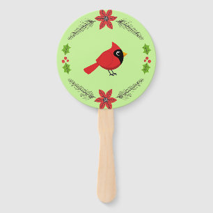 Cute Cartoon Red Cardinal with Flowers Hand Fan