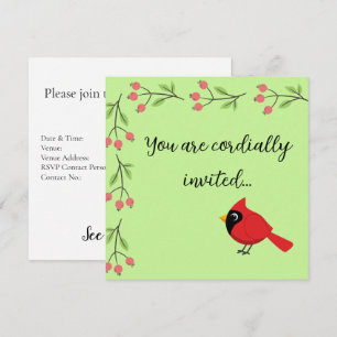 Cute Cartoon Red Cardinal with Flowers Invitation