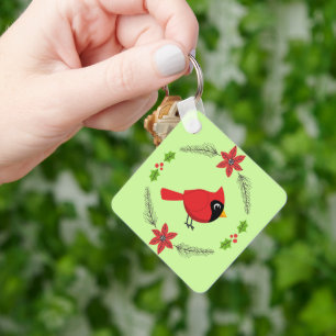 Cute Cartoon Red Cardinal with Flowers Key Ring