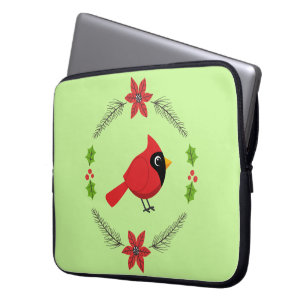 Cute Cartoon Red Cardinal with Flowers Laptop Sleeve