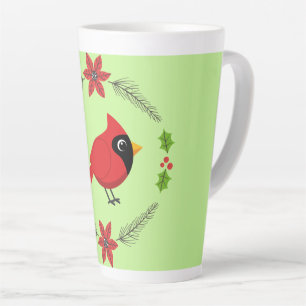 Cute Cartoon Red Cardinal with Flowers Latte Mug