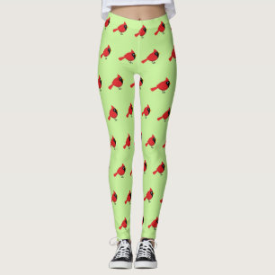 Cute Cartoon Red Cardinal with Flowers Leggings