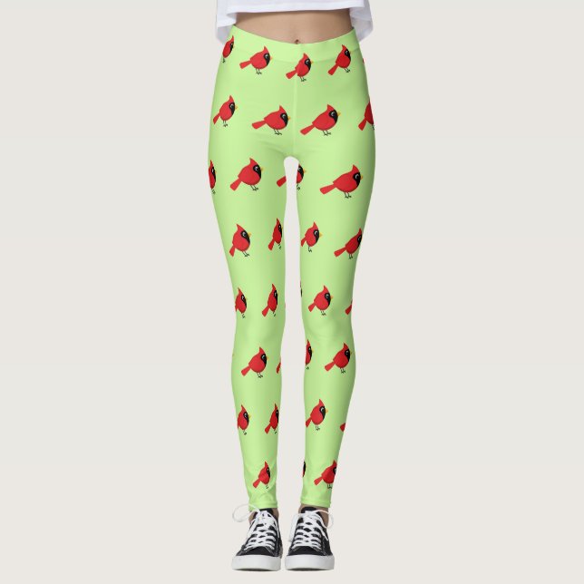 Cute Cartoon Red Cardinal with Flowers Leggings (Front)