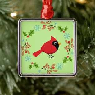 Cute Cartoon Red Cardinal with Flowers Metal Tree Decoration