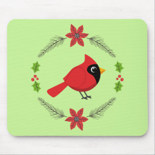 Cute Cartoon Red Cardinal with Flowers Mouse Mat