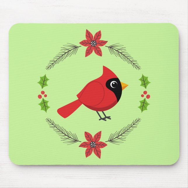Cute Cartoon Red Cardinal with Flowers Mouse Mat (Front)