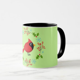 Cute Cartoon Red Cardinal with Flowers Mug