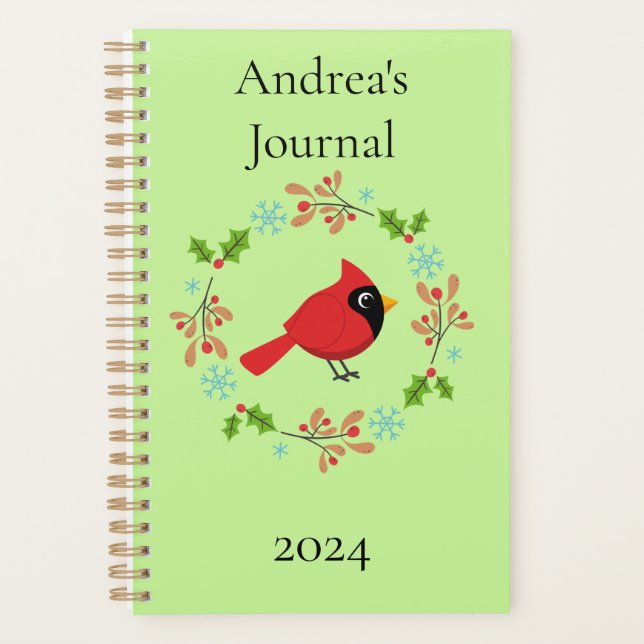 Cute Cartoon Red Cardinal with Flowers Planner (Front)