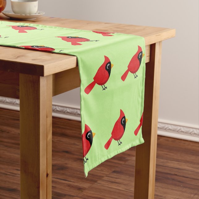 Cute Cartoon Red Cardinal with Flowers Short Table Runner (In Situ)