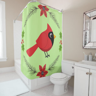 Cute Cartoon Red Cardinal with Flowers Shower Curtain