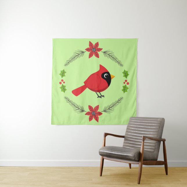 Cute Cartoon Red Cardinal with Flowers Tapestry (In Situ)