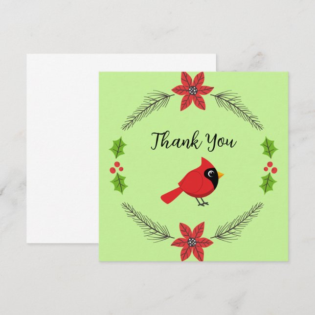 Cute Cartoon Red Cardinal with Flowers Thank You Card (Front/Back)