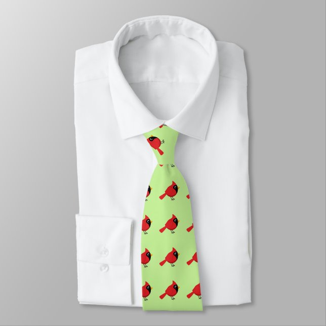 Cute Cartoon Red Cardinal with Flowers Tie (Tied)