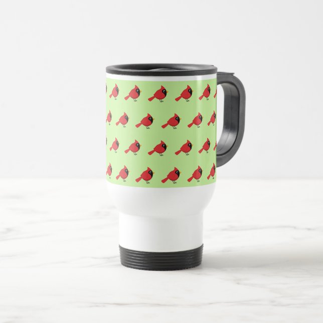 Cute Cartoon Red Cardinal with Flowers Travel Mug (Front Right)