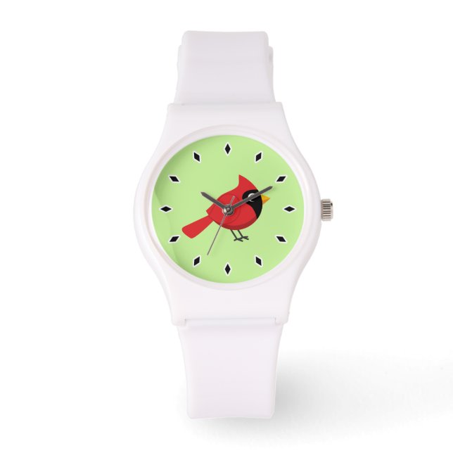 Cute Cartoon Red Cardinal with Flowers Watch (Front)