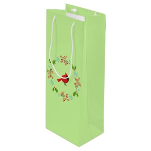 Cute Cartoon Red Cardinal with Flowers Wine Gift Bag