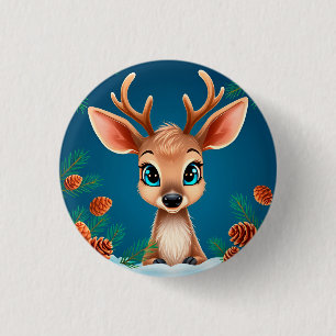 Cute Cartoon Reindeer in Winter with Pine Cones 3 Cm Round Badge