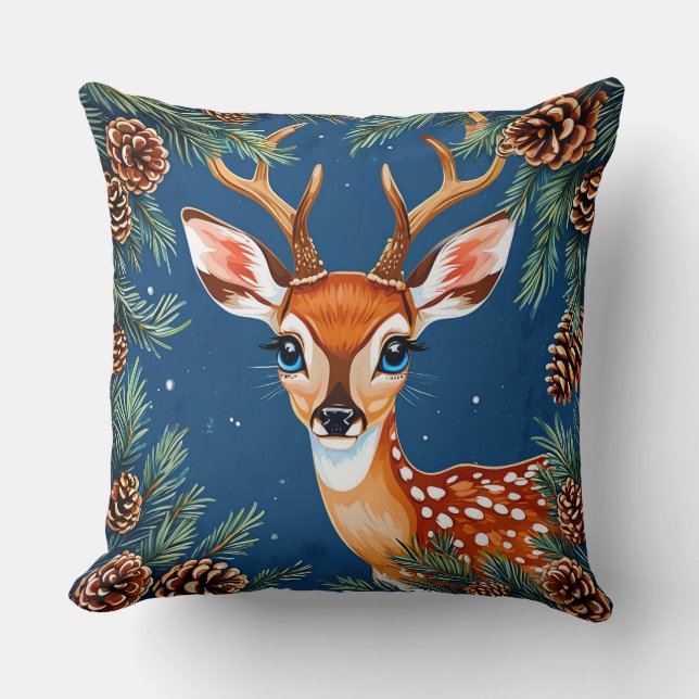 Cute Cartoon Reindeer in Winter with Pine Cones Cushion (Front)