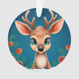 Cute Cartoon Reindeer in Winter with Pine Cones Ornament