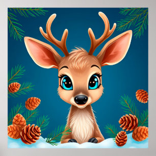 Cute Cartoon Reindeer in Winter with Pine Cones Poster