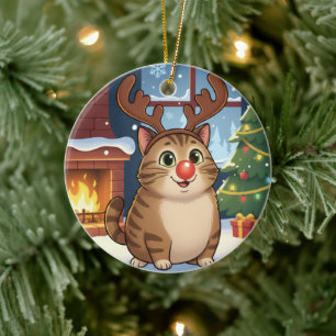 Cute Cartoon Reindeer Kitty Rudolph Cat Christmas  Ceramic Tree Decoration