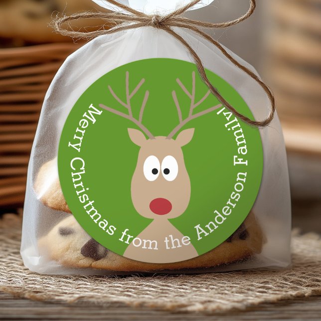Cute Cartoon Reindeer - Merry Christmas Greeting Classic Round Sticker (Custom Sticker for Party Favors or Envelopes)