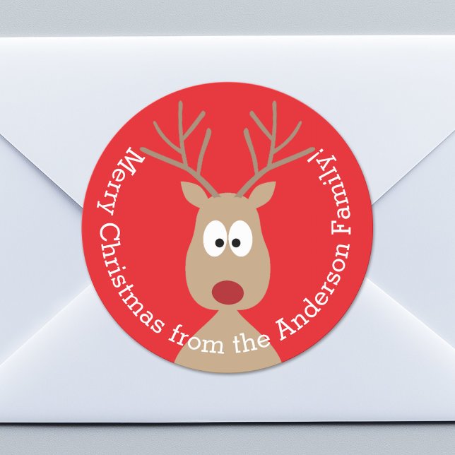 Cute Cartoon Reindeer - Merry Christmas Greeting Classic Round Sticker (Custom Sticker for Party Favors or Envelopes)