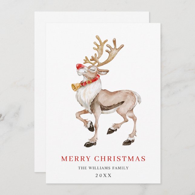 Cute Cartoon Reindeer Merry Christmas Greeting Holiday Card (Front/Back)