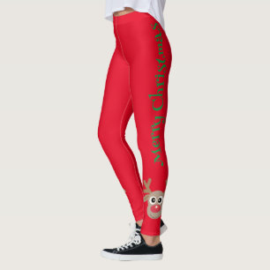 Cute Cartoon Reindeer Merry Christmas Red Leggings