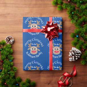 Cute Cartoon Reindeer Pattern Fun Blue Name Wrapping Paper