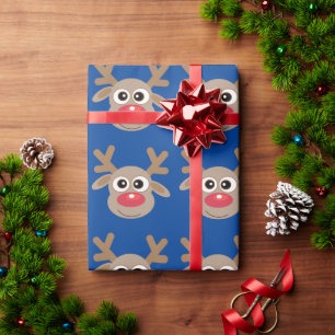Cute Cartoon Reindeer Pattern Fun Blue Wrapping Paper