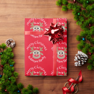 Cute Cartoon Reindeer Pattern Fun Red Name Wrapping Paper