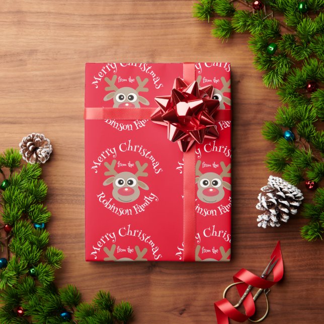 Cute Cartoon Reindeer Pattern Fun Red Name Wrapping Paper (Holiday Gift)