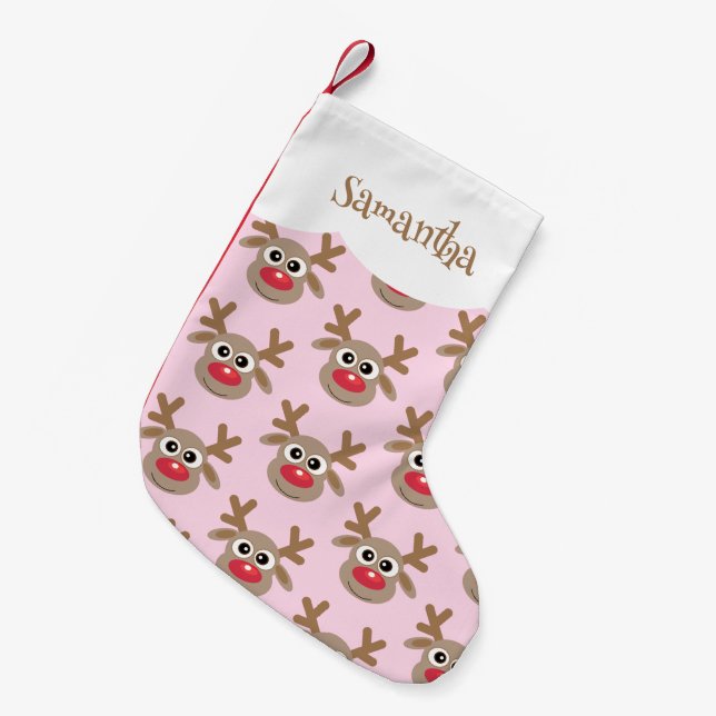 Cute Cartoon Reindeer Pattern Girly Pink Small Christmas Stocking (Front (Hanging))