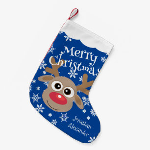 Cute Cartoon Reindeer White Snowflakes Blue Name Small Christmas Stocking